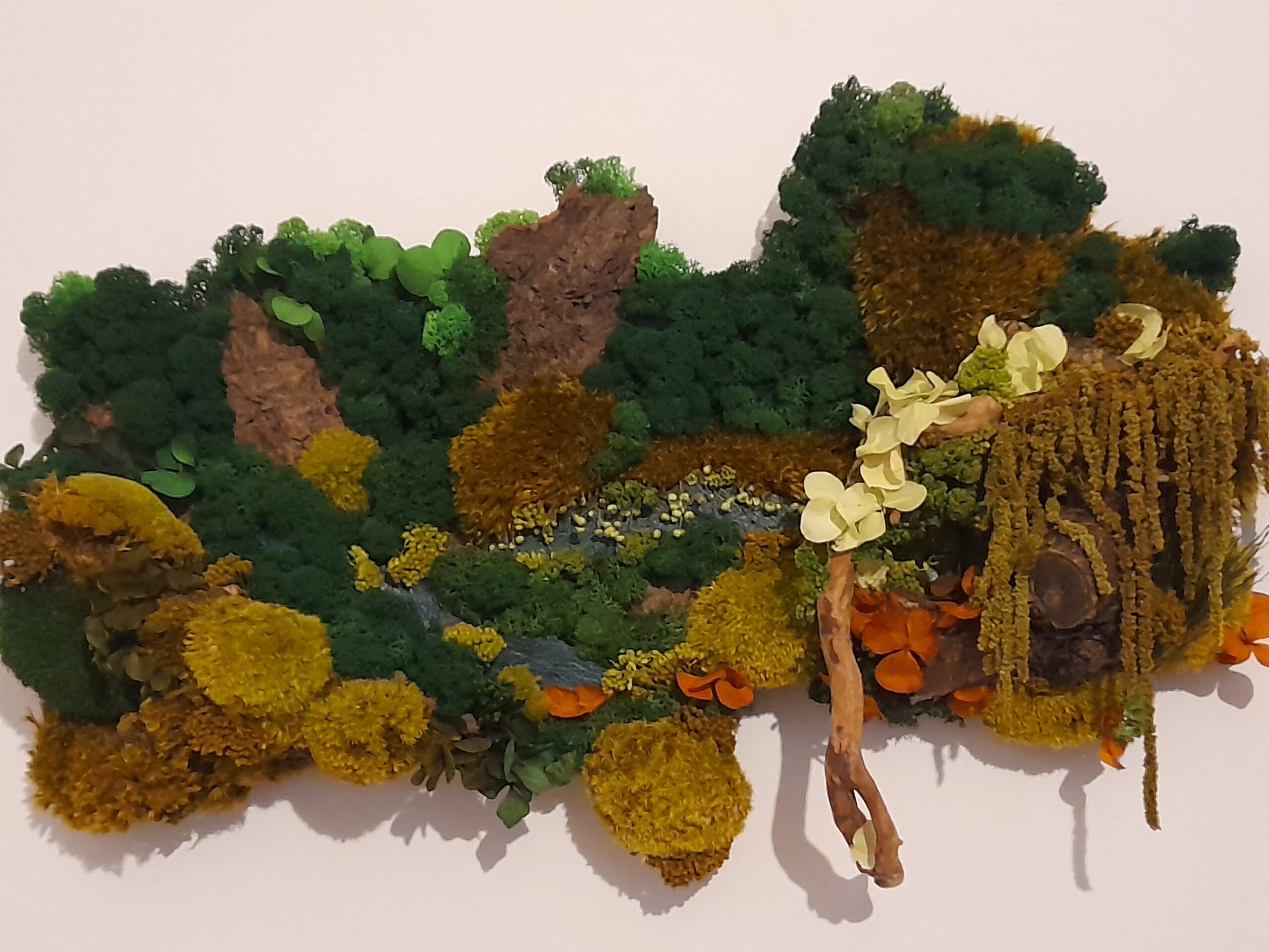Fluturi în pădure/Tablou cu licheni și mușchi stabilizați, pe scoarță de copac, 62x36 cm - imagine 3