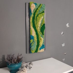 Tablou abstract, 3D, cu licheni naturali stabilizați, în tonuri degrade: azur intens, verde alpin, verde smarald, pana la alb natural