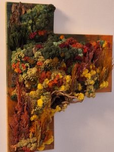 Amurg de toamnă/Tablou cu licheni și plante stabilizate/uscate, pe lemn masiv:60x20X12 cm+27x25x12 cm