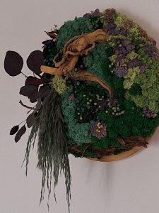 Tablou rotund cu licheni, eucalipt și pampas, pe suport de lemn, d=30cm