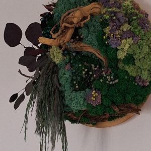 Tablou rotund cu licheni, eucalipt și pampas, pe suport de lemn, d=30cm