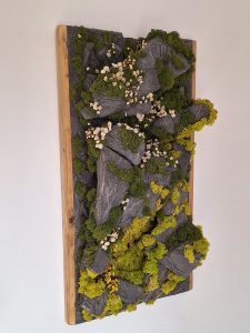 Perete de stâncă, primăvara-Piatră sculpturală și licheni stabilizați/Tablou pe lemn masiv-65x36cm