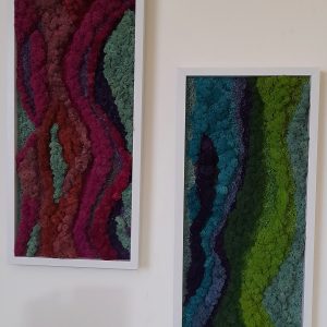 Set 2 tablouri abstracte cu licheni, violet, roz, smarald, azur, 60X26 cm