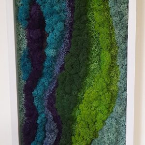 Tablou abstract, cu licheni în tonuri violet,smarald,azur, 60X26 cm