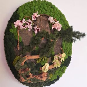 Tablou oval, cu licheni și plante stabilizate, 40x50 cm, Bonsai pe scoarță de copac