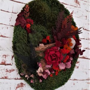 Tablou oval, cu mușchi și plante stabilizate, 30x40 cm, cu suport metalic pentru mobilă, gratuit